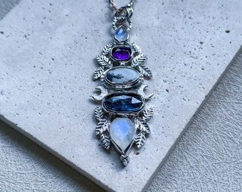 Handmade jewelry, witchy necklace, amethyst jewelry, moonstone pendant, dendritic agate jewelry, teal kyanite, crystal jewelry, ooak jewelry