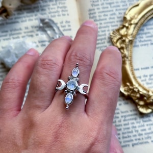 moon ring, witchy jewelry, moonstone ring, crescent moon, moon witch, lunar love, crystal jewelry, fantasy jewelry, silver ring, ooak ring
