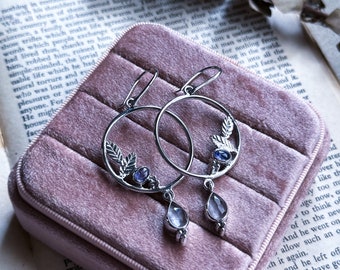 rose quartz earrings, hoop earrings, handmade jewelry, tanzanite jewelry, nature inspired, silver earrings, ooak jewelry, artisan made