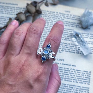 witchy jewelry, moonstone ring, tanzanite jewelry, moon ring, fantasy jewelry, ooak ring, handmade jewelry, silver ring, moon witch
