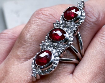Garnet ring, statement ring, triple gemstone ring, crystal jewelry, artisan made, silver ring, handmade jewelry, ooak ring, gothic ring