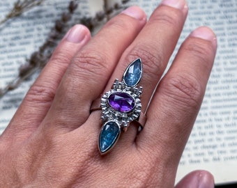 Amethyst ring, kyanite jewelry, crystal ring, teal kyanite, artisan made jewelry, silver ring, purple gemstone ring, slowmade jewelry