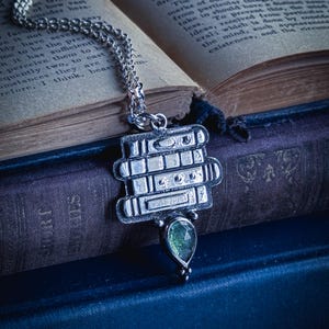bookish jewelry, book necklace, book stack, green kyanite, silver jewelry, statement necklace, book lover, fantasy jewelry, witchy vibes