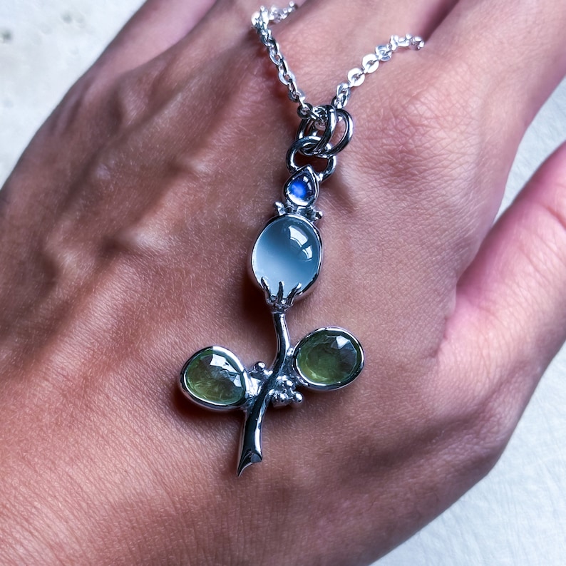 Aquamarine pendant, flower necklace, peridot jewelry, moonstone jewelry, slowmade jewelry, artisan silver jewelry, crystal jewelry, mom gift image 2