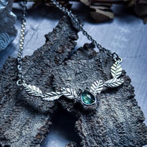 green kyanite, leaf necklace, kyanite jewelry, silver necklace, handcrafted jewelry, crystal necklace, cottage core, nature witch