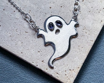 Halloween jewelry, ghost necklace, iolite pendant, artisan made jewelry, handmade silver jewelry, spooky jewelry, witchy crystal jewelry