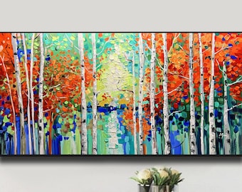 Woodlands Magic - Birch Tree Painting Abstract Tree Original Red Yellow Green Art Tree Acrylic Painting Living Room Wall Art Home Decor