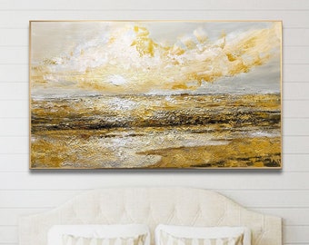 Heavenly - Large Sky And Sea abstract painting, Original Gold Water Abstract Painting, Large Sky And Sea PaintingLarge Ocean Canvas Painting