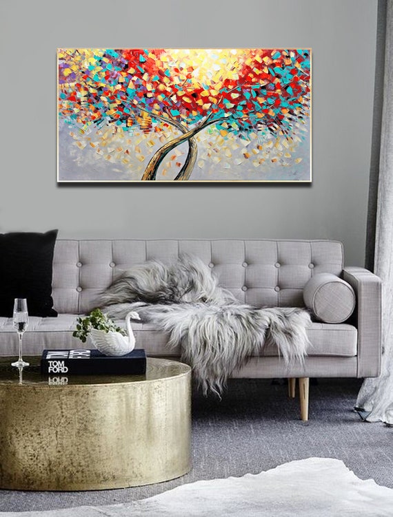 Tree Oil Painting Colorful Trees Blossom Textured Tree | Etsy