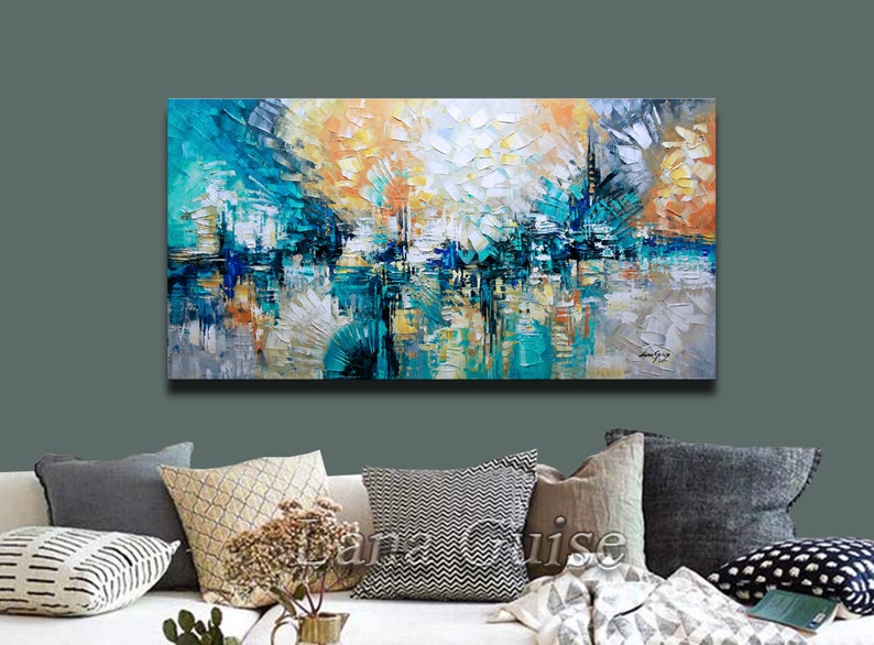 Large Abstract Original Modern Living Room Painting Blue Teal Turquise Modern Textured Palette Knife By Lana Guise