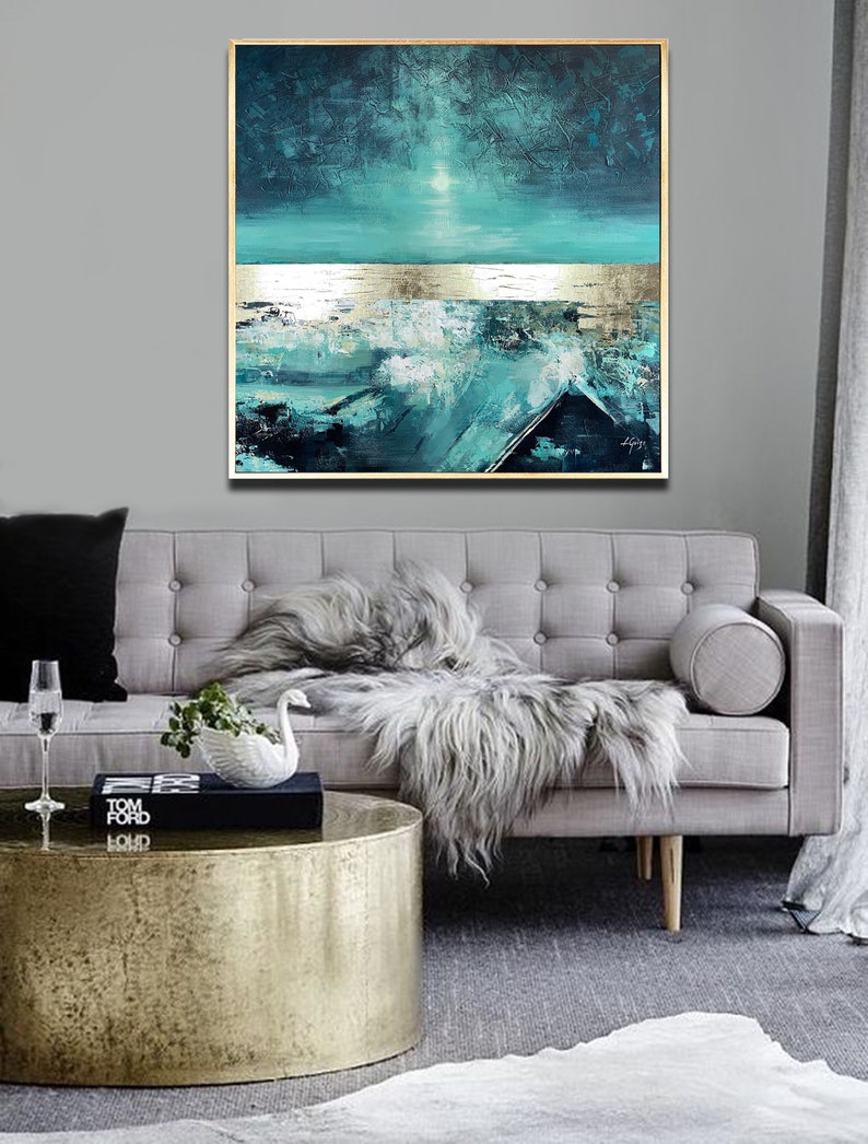 Soft Dance Large Abstract Painting Square Living Room Art Teal Blue Gold Turquoise Original Painting Modern Art Gold Leaf