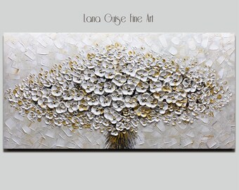 Bouquet Flowers Painting, White Textured Flowers, Abstract Flowers, Large Palette Knife Painting, Contemporary Painting by Lana Guise