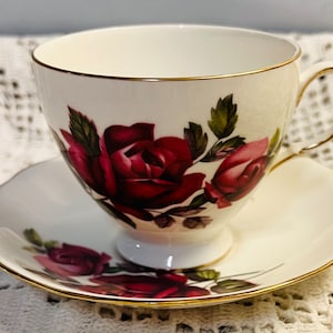 Vintage Queen Anne bone china tea cup saucer, red roses