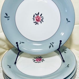 Vintage Seyei Bella Maria Dinner Plates Pink Roses Silver Leaves Elegant Dinnerware Japan, set of 5
