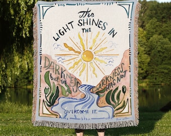 Boho Christian Woven Blanket, John 1, Sun Light In The Darkness, Jesus, Devotional, True Cotton