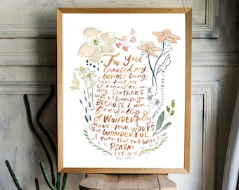 Psalm 139 Wonderfully Made Watercolor Nursery Floral Art PRINT