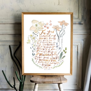 Psalm 139 Wonderfully Made Watercolor Nursery Floral Art PRINT