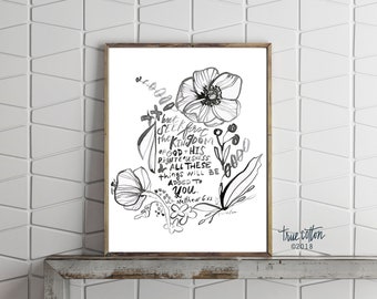 Seek First the Kingdom Matthew 6:33 Black and White Instant Download Printable Art