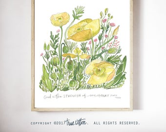 Yellow Poppies Watercolor Floral Art Print, Watercolor Botanical, Floral Home Decor