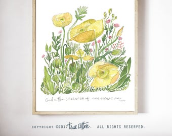 Yellow Poppies Watercolor Art Print, Botanical Christian Home Decor