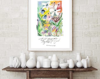Romans 8:28 Floral Art Print, Christian Bible Verse