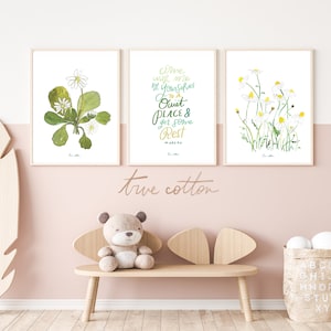 Könnte beinhalten: Drei gerahmte Kunstdrucke mit botanischen Illustrationen und inspirierenden Zitaten. Die Drucke zeigen Aquarell-Gänseblümchen und den Text "Come with me by yourselves to a quiet place & get some rest". Der untere Teil des Bildes trägt den Text "true cotton".