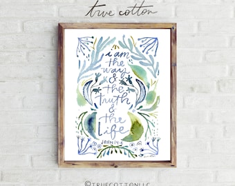 John 14:6 Scripture Art Print, Floral Watercolor Christian Poster