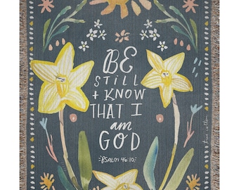 Psalm 46 Be Still And Know, Flower Christian Woven Blanket, Midnight, Marigold, Jesus, Devotional, True Cotton