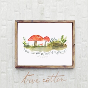 May include: Watercolor painting of red mushrooms in a forest setting with the text "I once was lost but now am found." and "Amazing Grace".