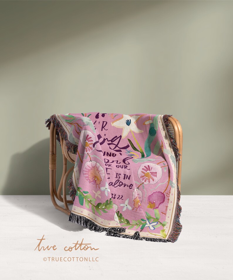 Psalm 33:22 Unfailing Love, Christian Blanket, Jesus, Woven Floral Blanket, Pink Watercolor Flowers, True Cotton image 3
