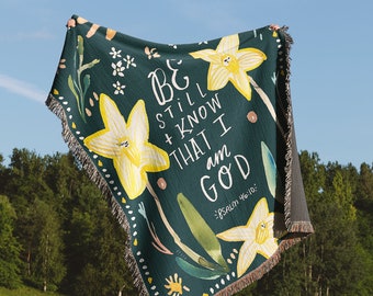 Psalm 46 Be Still and Know, Flower Christian Woven Blanket, Midnight, Marigold, Jesus, Devotional, True Cotton