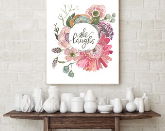 Sie lacht Sprüche 31:25 Fine Art Print, Aquarell Blumen, Bibelvers