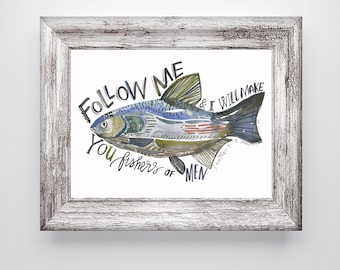 Fishers of Men Matthew 4:19 Bible Verse Fish Print Boys Room Watercolor PRINT by True Cotton