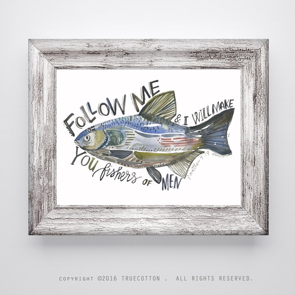 Fishers of Men Matthew 4:19 Bible Verse Fish Print Boys Room Watercolor PRINT by True Cotton