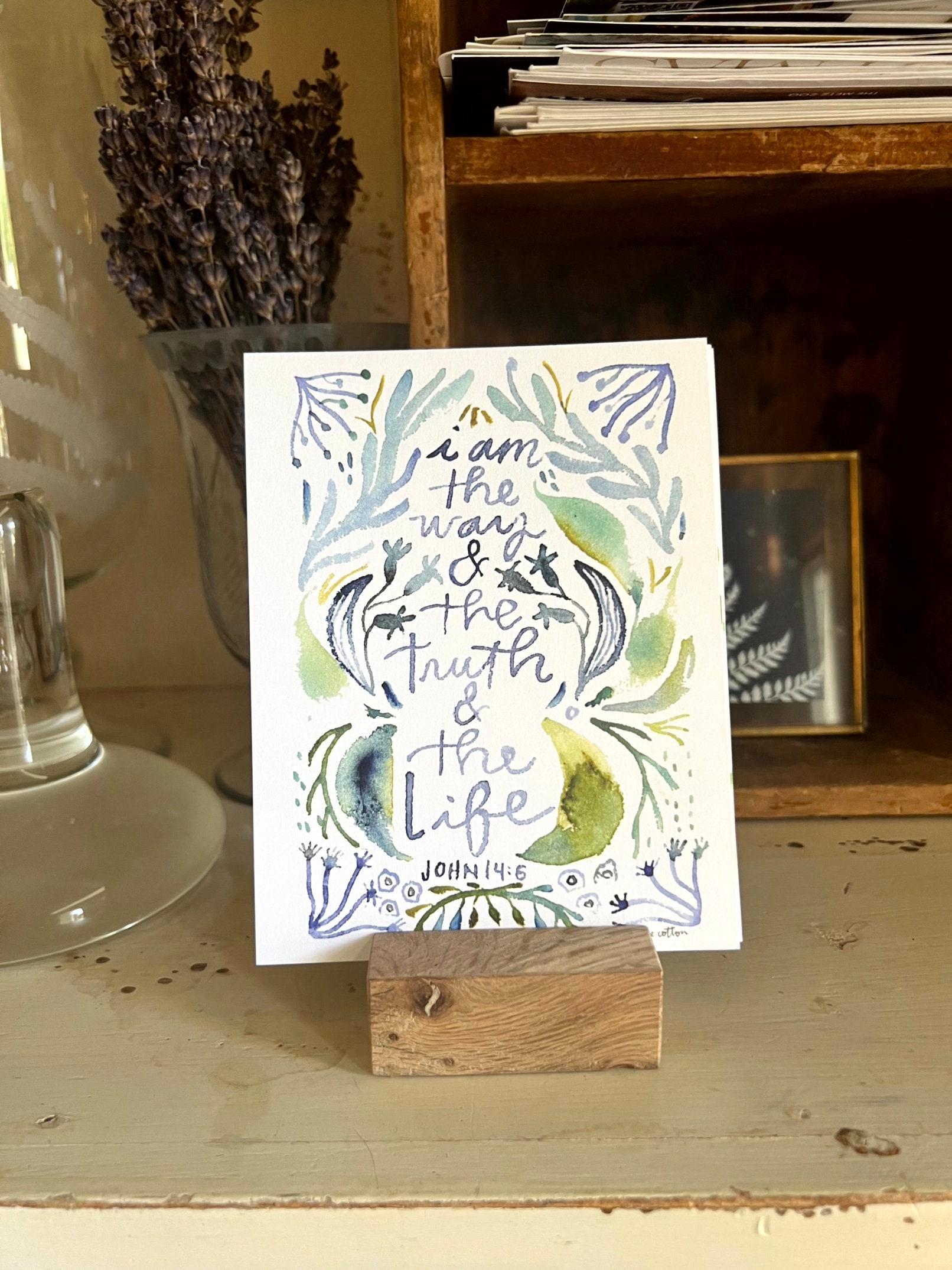NEW Bible Verse Scripture Cards | Set of 4, 8 verses, botanical Watercolor Art with handmade Wooden Stand True Cotton