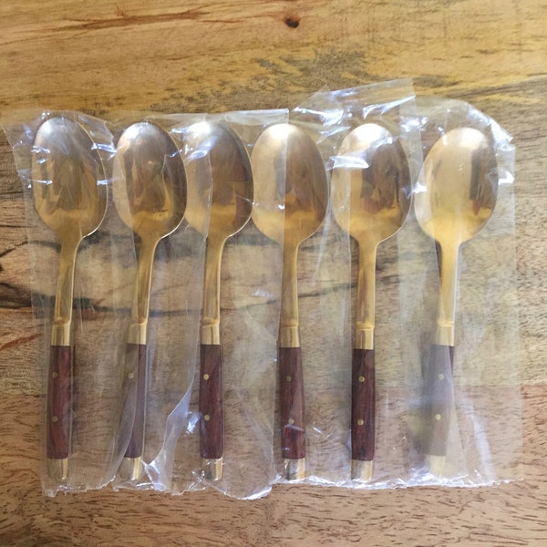 Vintage 1960s *NEW* small coffee spoons rosewood and Brass MacDonald Cookware English brand Exeter