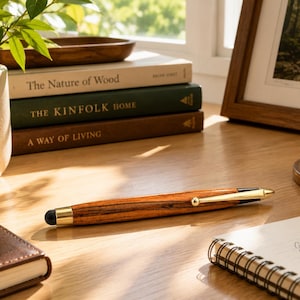 May include: A wooden stylus pen with a polished gold-tone metal clip and tip, featuring a dark brown wood grain pattern and a black rubberised touch-sensitive tip at the end, resting horizontally on a light-coloured wooden surface.