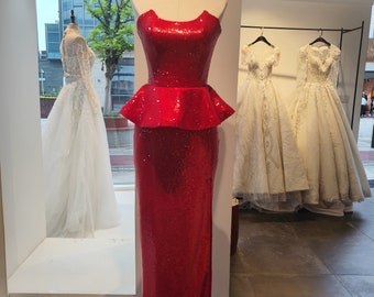 Red Long Prom Dress with Slit, Sparkly Sequined Prom Dresses, Colored Wedding Dress, Prom Gown with Removable Neck, Formal Evening Dresses