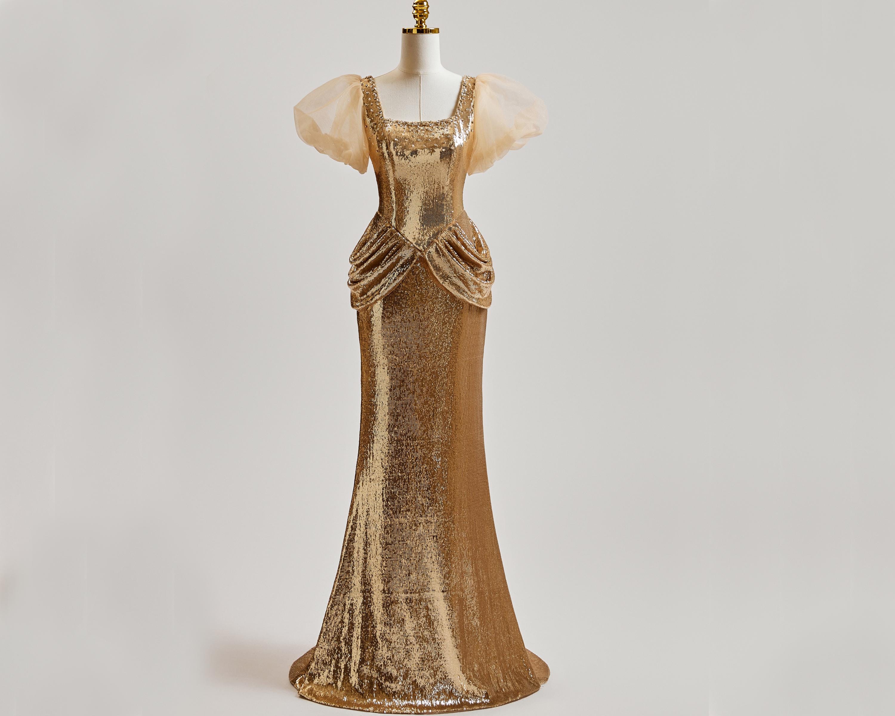 Vestido de fiesta dorado, vestido de fiesta de sirena, vestido de fiesta largo con mangas, vestidos de fiesta con lentejuelas y escote redondo, vestid