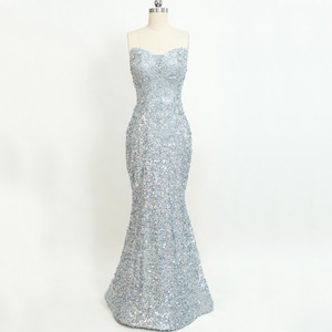 Glamorous Strapless Sequin Gown, Elegant Evening Dress for Women, Mermaid Prom Dress, Long Prom Dress, Sparkly Prom Dress, Silver Prom Dress