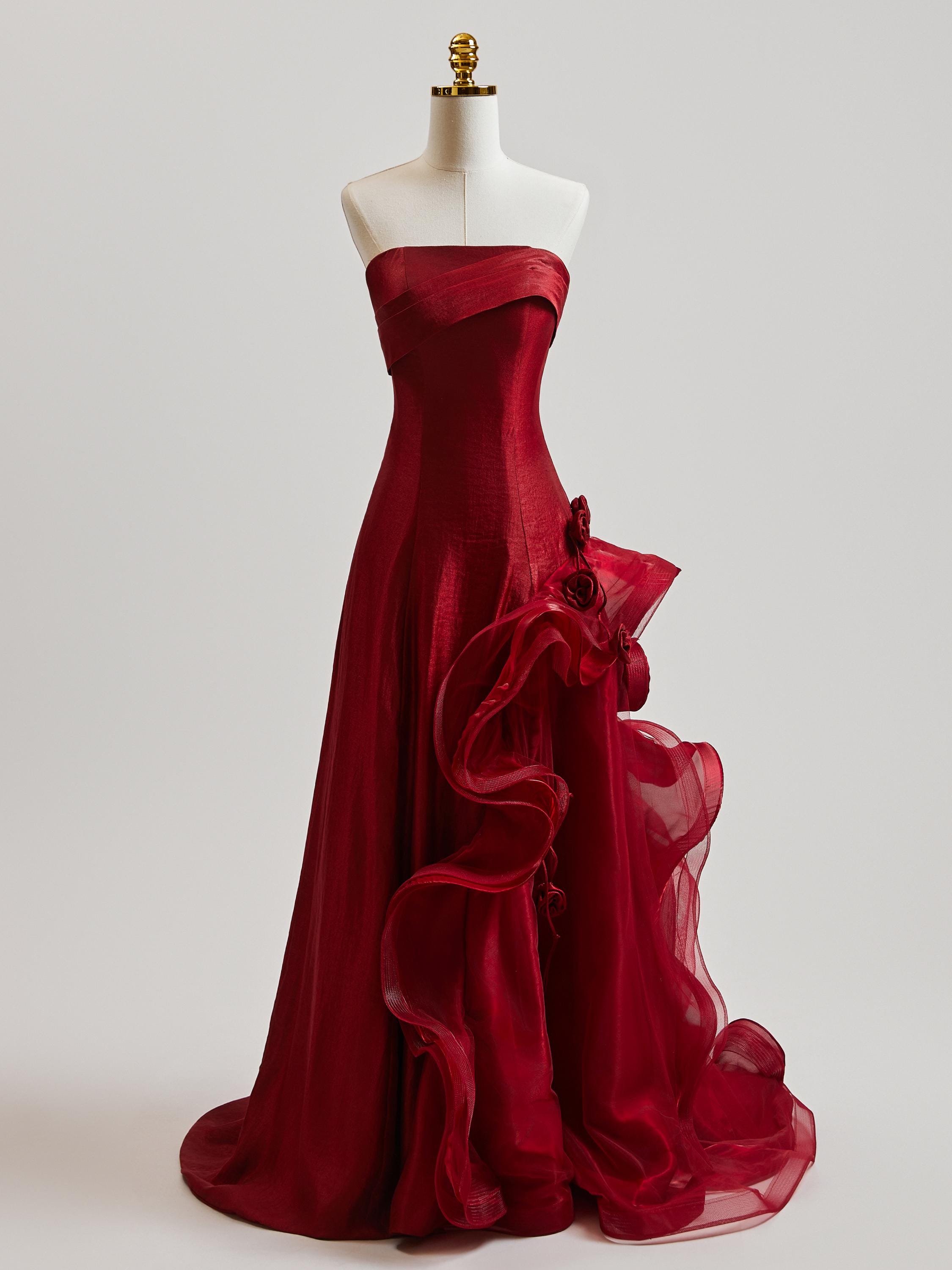 Elegant Strapless Red Evening Gown With Organza Skirt, Red Prom Dress ...