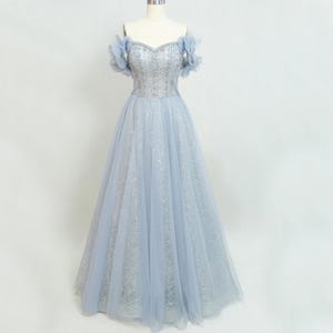 Ethereal Off-Shoulder Beaded Evening Gown Perfect for Formal Events, Long Prom Dress, Light Blue Prom Dress, Colored Wedding Dress Prom Gown