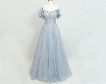 Ethereal Off-Shoulder Perlen Abendkleid Perfekt für formelle Veranstaltungen, langes Abendkleid, hellblaues Abendkleid, farbiges Hochzeitskleid Abendkleid