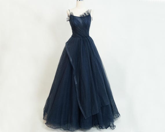 Navy Blue Prom Dress, Prom Dresses With Dot Tulle, Long Prom Dress With  Asymmetrical Pleated Skirt, Spaghetti Prom Dress, Evening Gown - Etsy