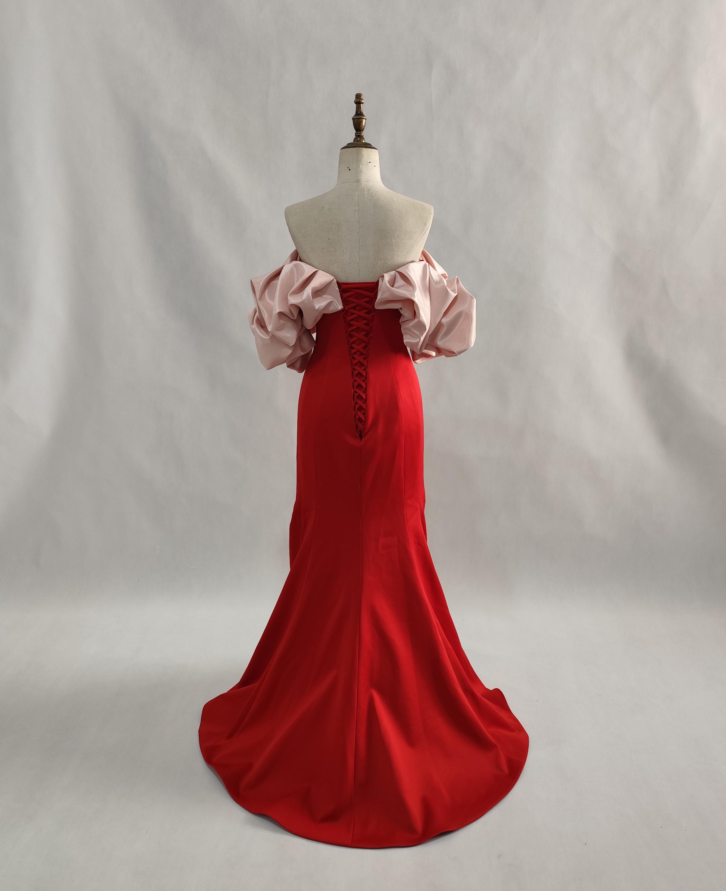 red long sleeve off the shoulder prom dress Off Shoulder Long Sleeve A-Line Silk Elastic Satin Burgundy Prom Dress Dairy Bridal