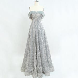 Enchanting Off-Shoulder Sequined Evening Gown - Perfect for Formal Events, Silver Prom Dress, Long Prom Dress, A-line Prom Dresses