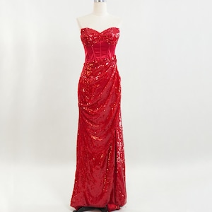 Strapless Red Sequin Evening Gown - Formal Dress for Women, Long Prom Dress, Red Wedding Dress, Prom Dress with Slit, Red Prom Dresses