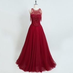 Red Prom Dress with Beading, Long Prom Dress with Sheer Back, Colored Wedding Dress, A-line Evening Dress, Prom Gown with Jewel Neckline