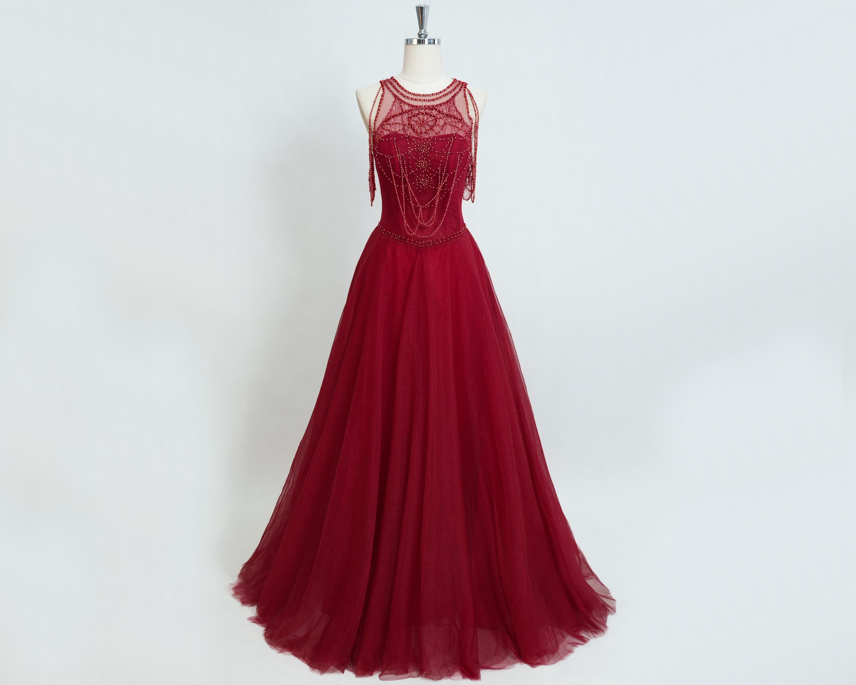 Red Prom Dress With Beading, Long Prom Dress With Sheer Back, Colored  Wedding Dress, A-line Evening Dress, Prom Gown With Jewel Neckline - Etsy