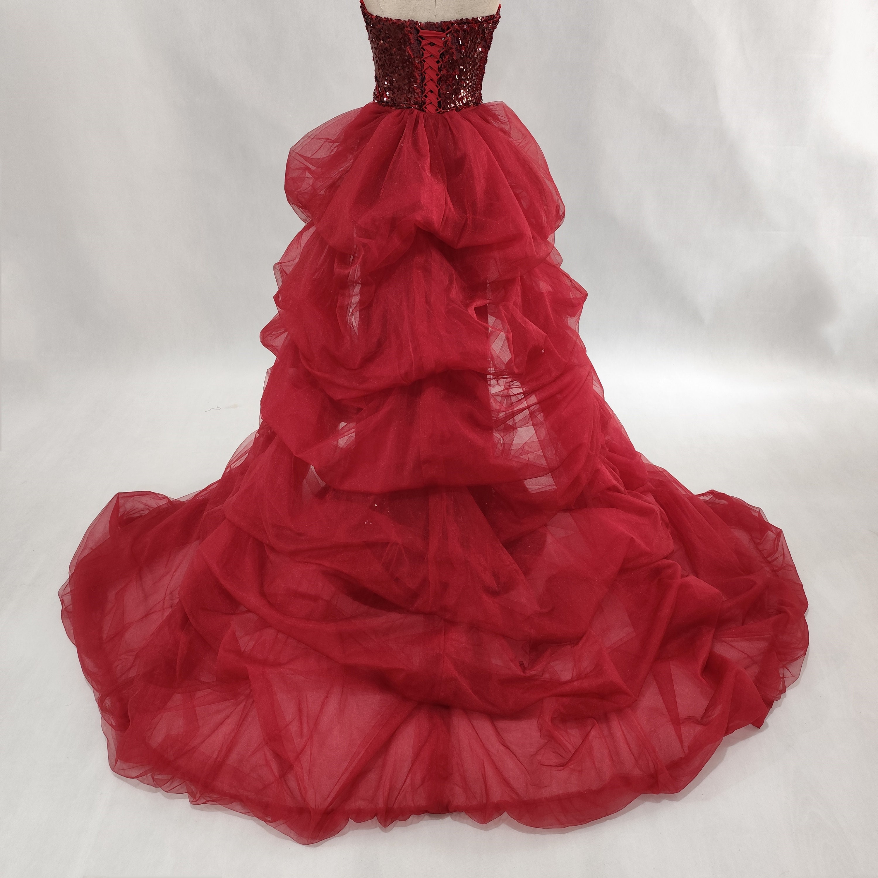 strapless open back dress V Neck Burgundy Lace Prom Dresses, Wine Red Burgundy Lace Formal Eveni –  jbydress main image 1